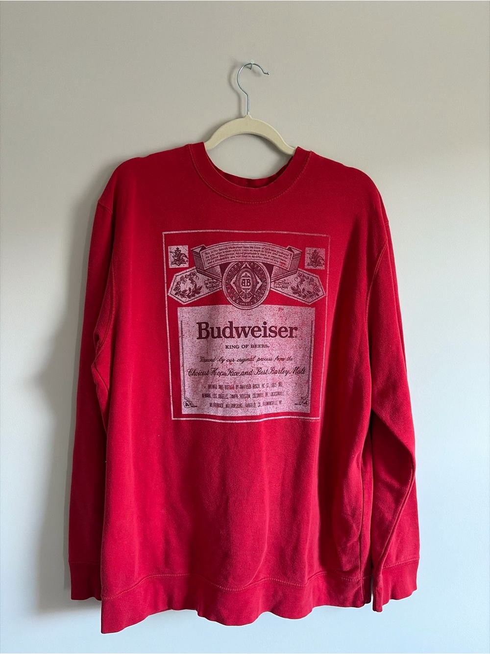 Budweiser Red Crewneck Sweatshirt with Label Graphic